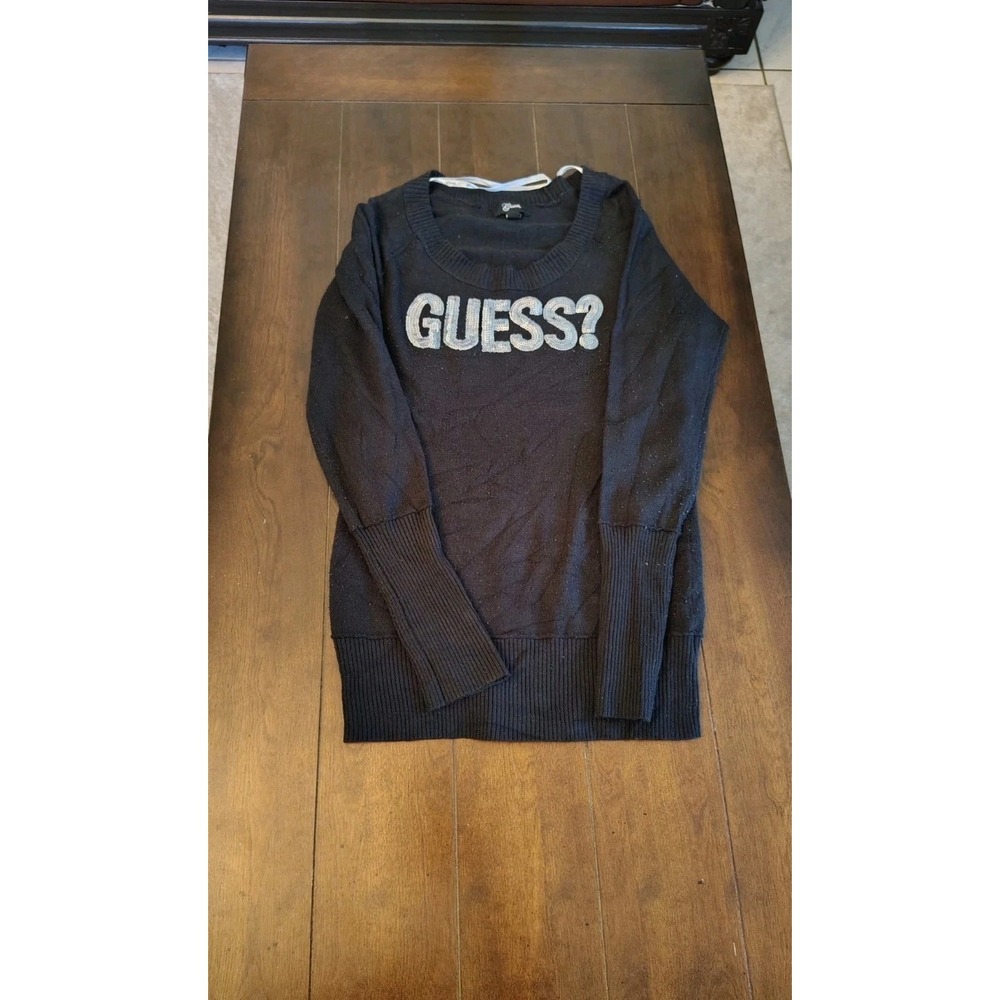 Guess Womens Black‎ Sequin Logo Scoop Neck Long Sleeve Knit Sweater XL